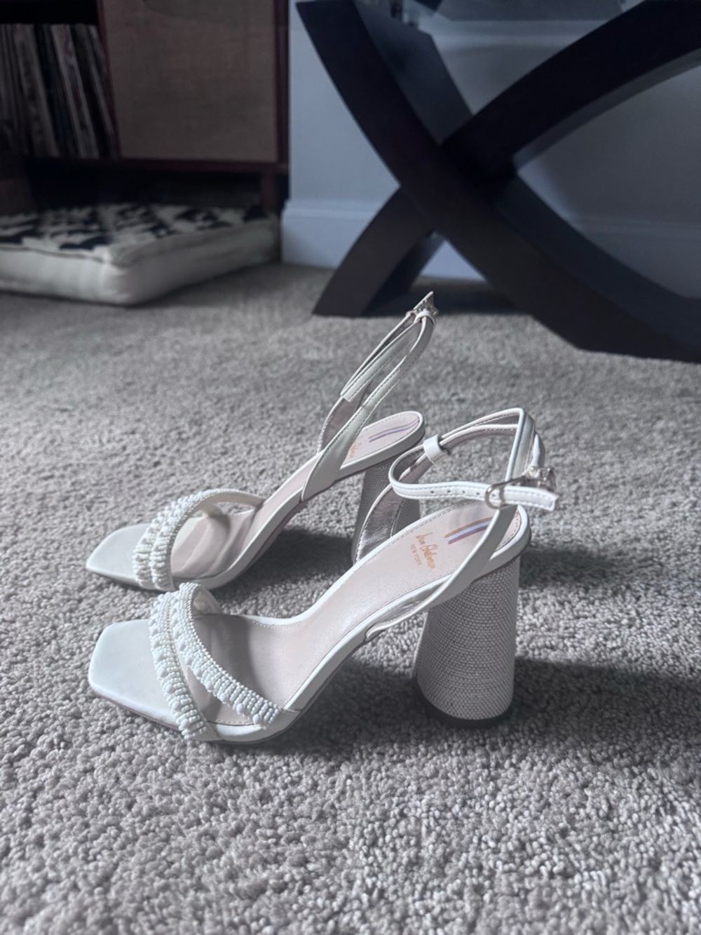 Sam Edelman Women's Ivory Beaded Block Heel Sandals - Elegant Ankle Strap